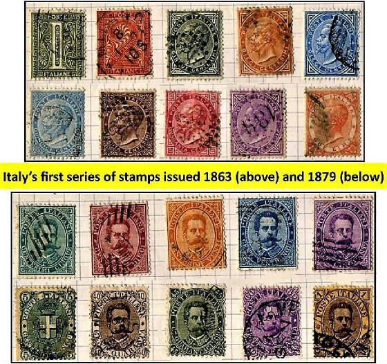 FIRST TWO ITALIAN STAMPS ISSUED 1863 and 1879 - FULL SETS OF BOTH SERIES - CLICK FOR LARGE VIEW